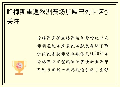 哈梅斯重返欧洲赛场加盟巴列卡诺引关注